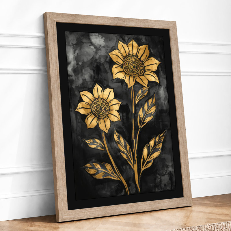 Golden Sunflowers in Shadow Botanical - Framed Print, Oak, A4 - 29.7 x 21.0 cm