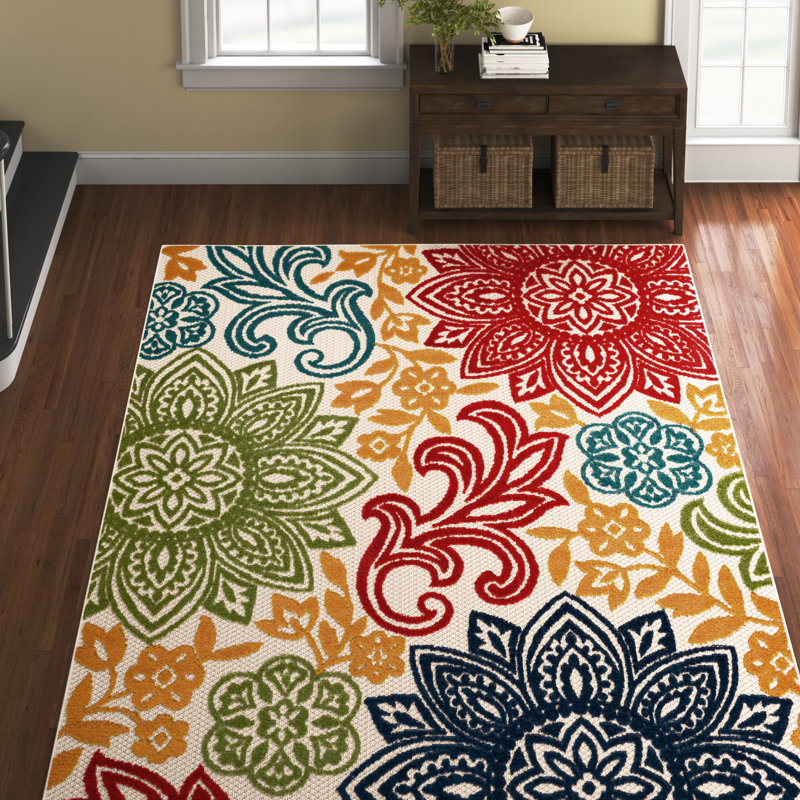 Floral Water Resistant Indoor Outdoor Rugs for Patios, Deck, Porch or Entryway, Rectangle 8'10" x 12'2"