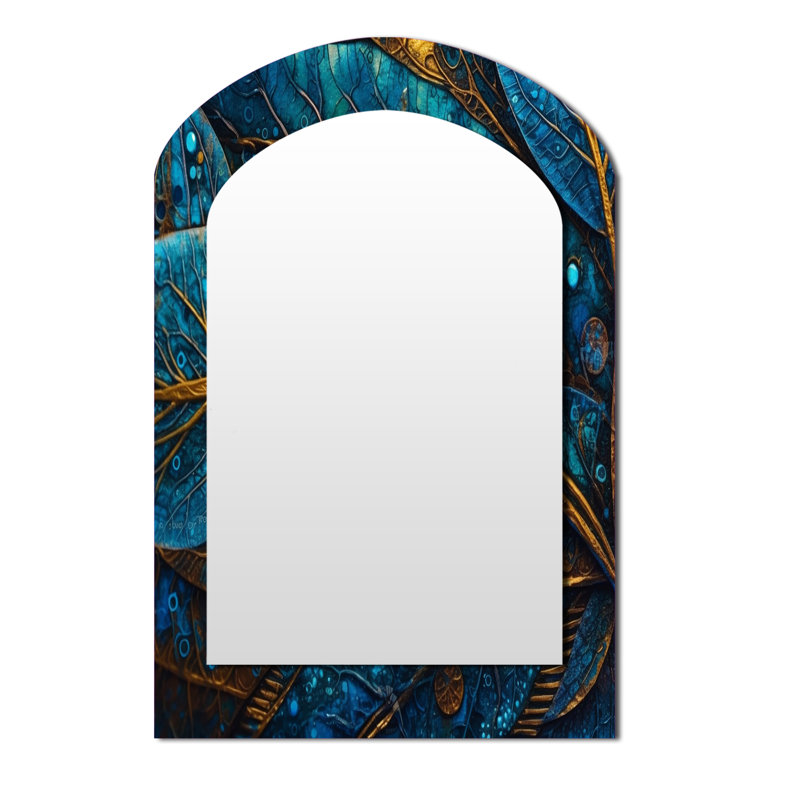 Bleu et or, mélodie de Boho I - miroir mural asymétrique Boho Feather, miroir arqué traditionnel, impression sur métal