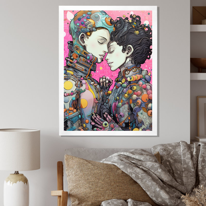 Charmants Robots célébrant l'amour rétro I - impression, H 44 po x l 34 po x P 1,5 po, Cadre simple blanc