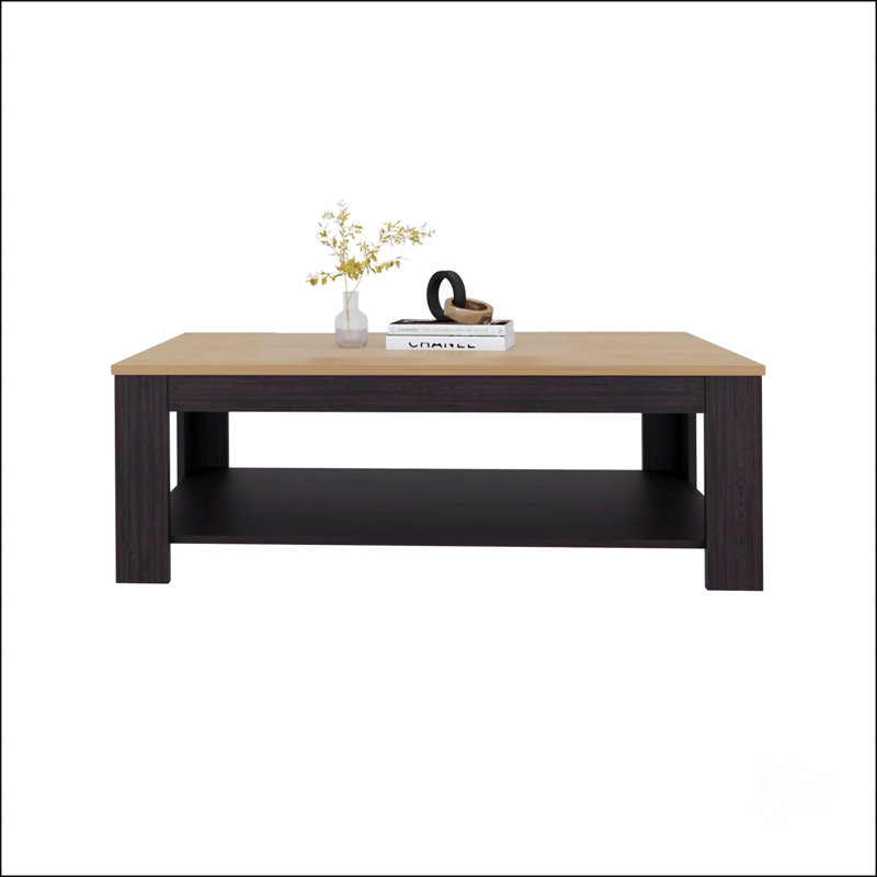 Table basse rectangulaire en wengé et chêne naturel avec tablette inférieure