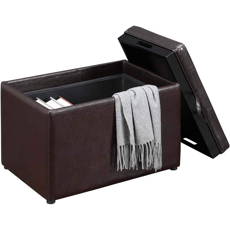 Saribel 22.75" Wide Faux Leather Rectangle Ottoman with Reversible Tray, Espresso Faux Leather