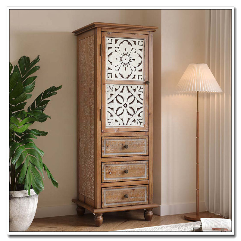 Armoire de rangement rustique en bois avec porte découpée décorative et 3 tiroirs