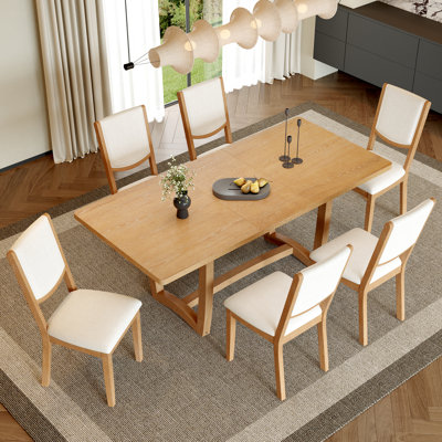 7-Piece Extendable Dining Table Set for 6, Rectangular Kitchen Table with 6 Upholstered Chairs, Curved Back Dining Chairs for Dining Room(Natural)