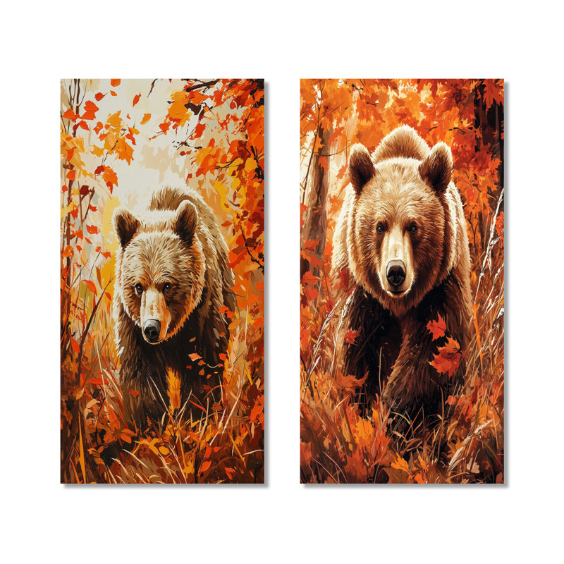 «Bear in the Autumn Meadow I» - ensemble de 2 reproductions d'art mural en métal, 32" H x 32" W