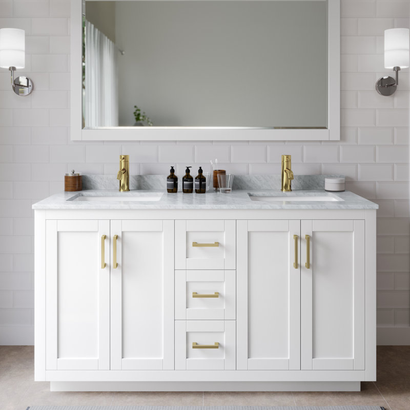 Miranda 60" Freestanding Double Bathroom Vanity with Marble Top with 58" Mirror, White, Brushed Gold