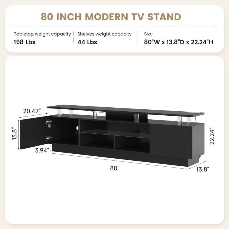 Console multimédia moderne avec rangement, 80", Black