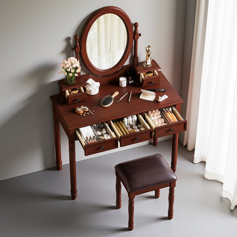Vanity Desk With Adjustable Angle Mirror, Vintage Vanity Makeup Table And Cushioned Stool Set Lining 5 Drawers,Wooden Dressing Table Set For Bedroom