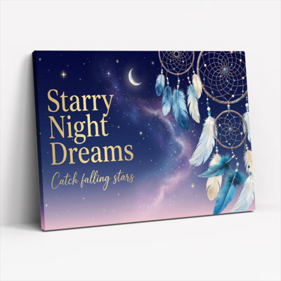 Starry Night Dreams Dreamcatcher Canvas Wrapped Wall Art Oil Painting Print With Feathers And Moon Galaxy Sky Pattern For Bedroom Living Room Home Decor