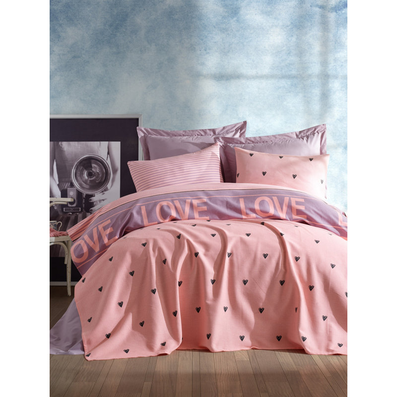 Ensemble de couvre-lit 100% coton Ramiro rose / mauve / noir, Couvre-lit 63 po x 93 po