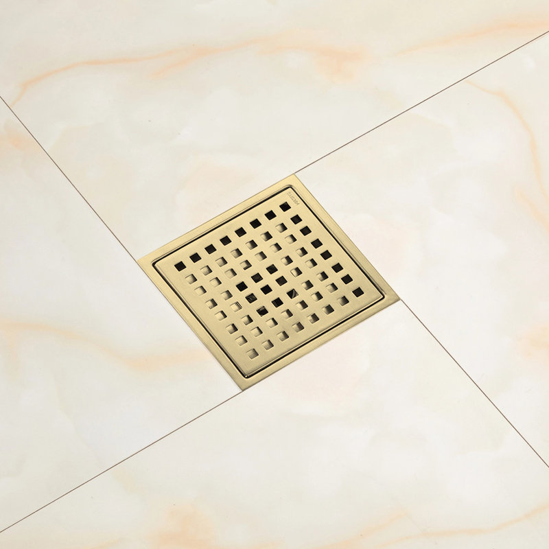 Square Stainless Steel Grid Shower Floor Drain With Flange, Brushed Gold