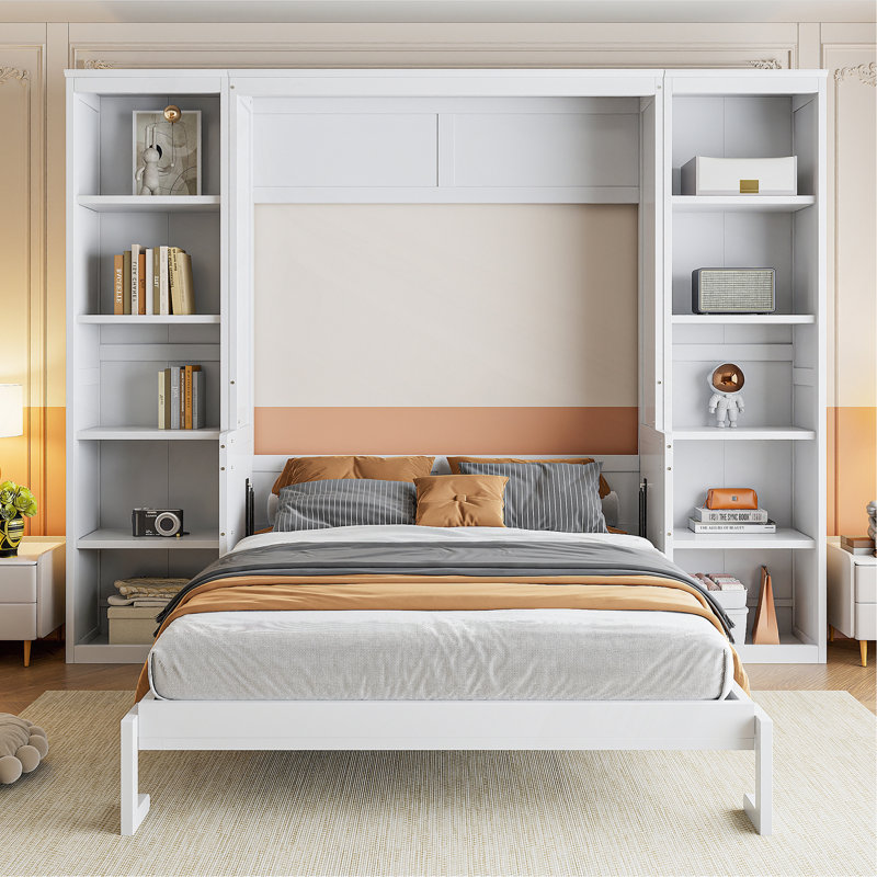 Lit escamotable double avec bureau et bibliothèque, blanc