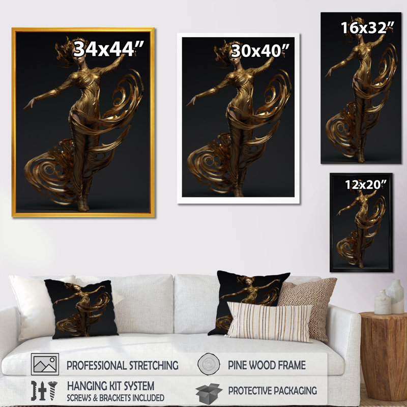 «Dynamic Pose Abstract Golden Dancer I», reproduction sur toile, H 32 po x l 24 po, Cadre flottant noir