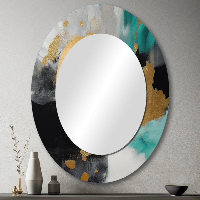 Pleine lune bonheur doré et turquoise abstrait V - miroir décoratif ovale abstrait sur métal, 43 po x 33 po