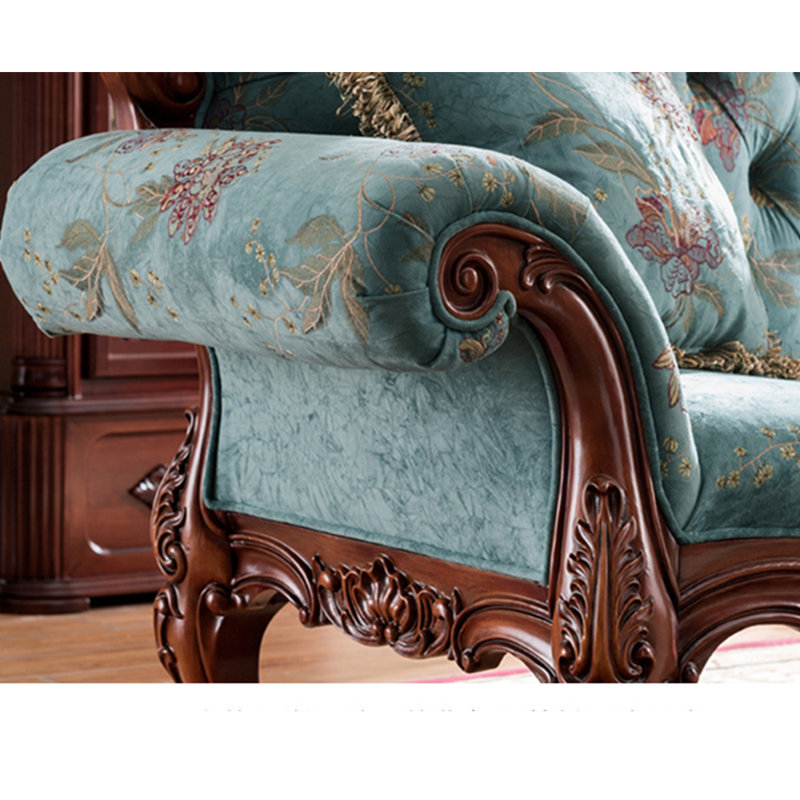 Chaise longue rembourrée en bois massif de style européen, Accoudoir à gauche (vu de face), Tissu cyan