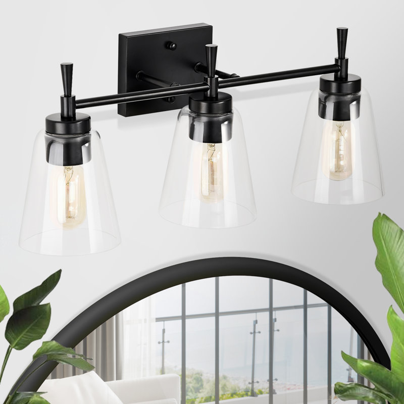 Meuble-lavabo 3 lumières noir mat avec abat-jours coniques en verre transparent, Noir