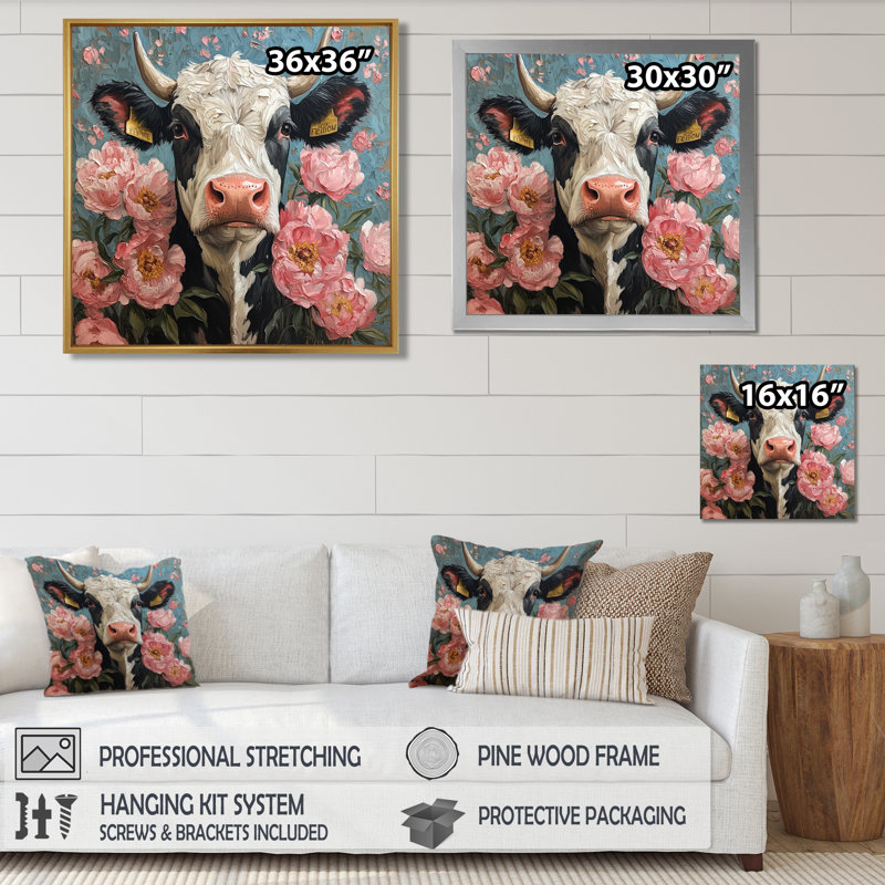 Vache, peinture avec pivoines II - impression sur toile encadrée, H 16 po x l 16 po, Impression encadrée flottante