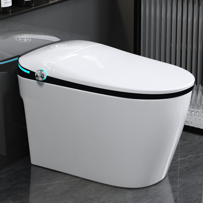 Toilette intelligente avec capteur de pied à fermeture automatique, chasse d'eau siphonique, eau chaude, lavage arrière, siège blanc ouvert / fermé bidet, affichage à DEL, sécheuse, porcelaine féminine, désodorisation, lavage en mouvement