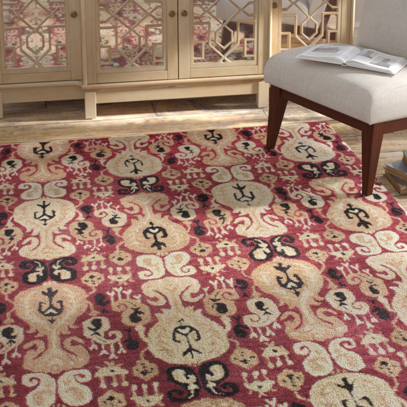 Tapis rouge en laine touffeté à la main Ikat, Rectangle 5 pi x 8 pi