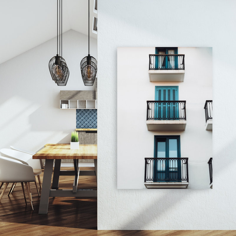 «White Building Blue Balconies Elegant Geometric Modern Architecture Urban», reproduction d'art mural, 60" H x 40" W