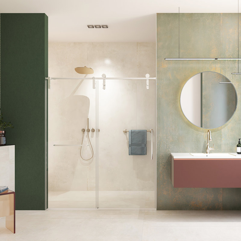 Porte de douche sans cadre de 56 à 60 po de largeur, porte de douche coulissante, cabine de douche en verre trempé épais de 5/16 po (8 mm) de qualité supérieure avec barre à serviettes, couche facile à nettoyer à double face, finition nickel bross