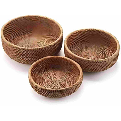 Natural Rattan Round Fruit Basket Bowls, Handwoven Storage Serving Baskets, Wicker Organizer For Dinning Room (Set Of 3)