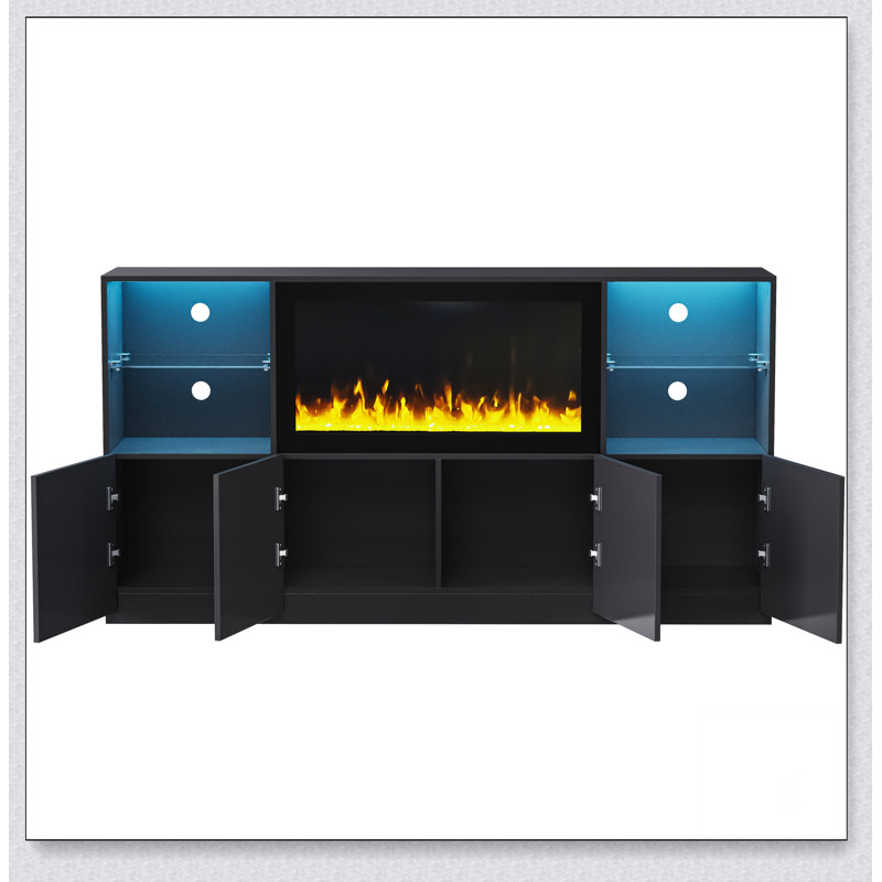 Meuble télé moderne ultrabrillant avec foyer électrique non chauffant de 34,2 po, Noir