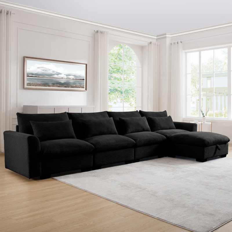 Large L Shape Sectional Corduroy Sofa,deep Seat Couch With Storage Footstool And 4 Waist Pillows, Black Corduroy