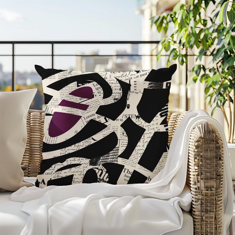 Oreiller carré réversible intérieur / extérieur Kaya, H 19 po x l 19 po, Mauve / noir / blanc cassé abstrait