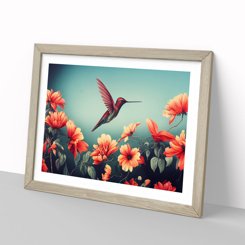 XH1022-8638X Superb Floral Hummingbird - Single Picture Frame Print, Oak Framed, 46cm H x 64cm W x 2cm D
