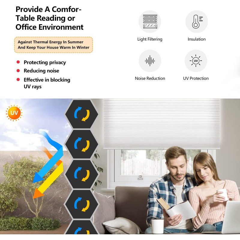 Cordless Cellular Shades, Light Filtering Honeycomb Shade for Windows, 19" W x 36" L, White