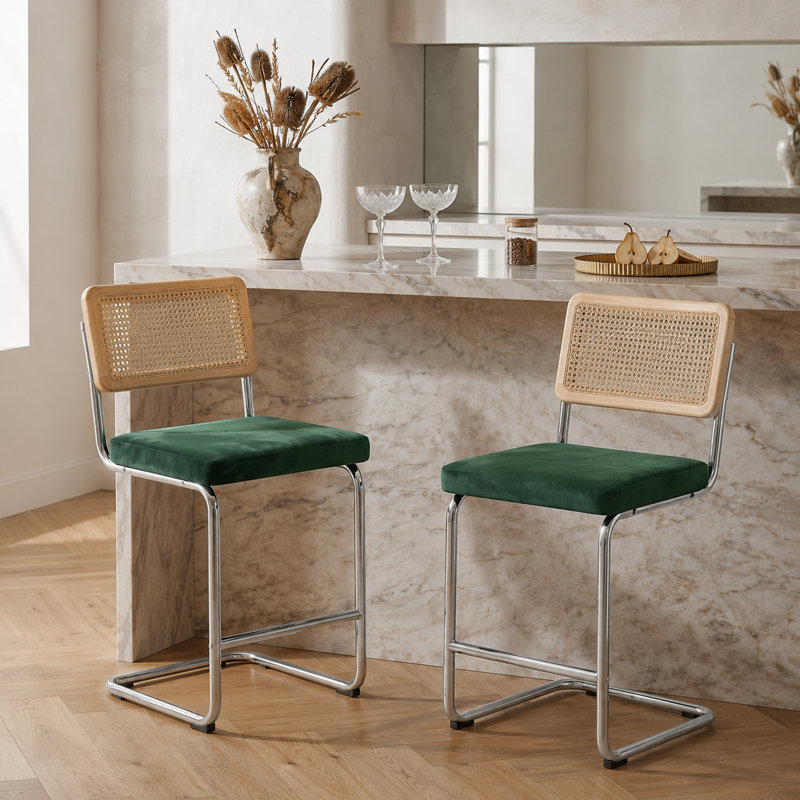 Set of 2, 26.2" Height Counter Stool, Natural Rattan Back with Thick Padded Seat & Metal Legs – Mid-Century Modern, Gray
