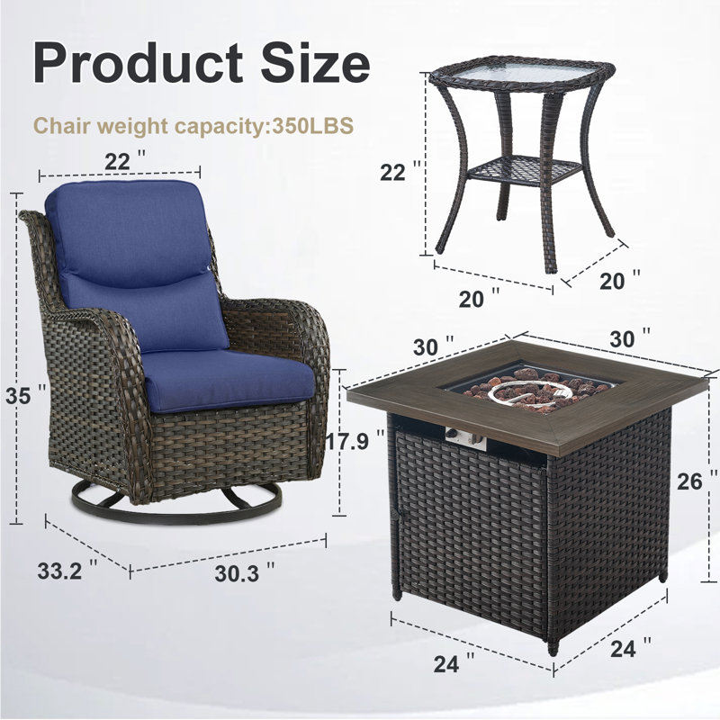 Koba 7-Piece Outdoor Conversation Set – Swivel Rocking Chairs with Fire Pit & Side Tables, Blue, Brown