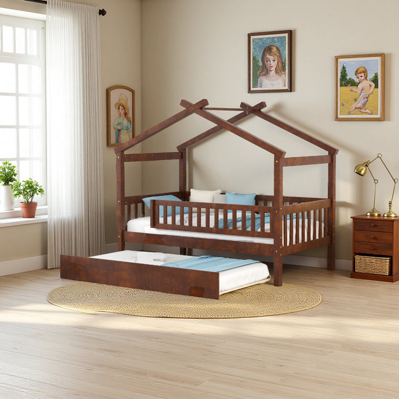Wooden House Bed With Trundle, Walnut, Twin