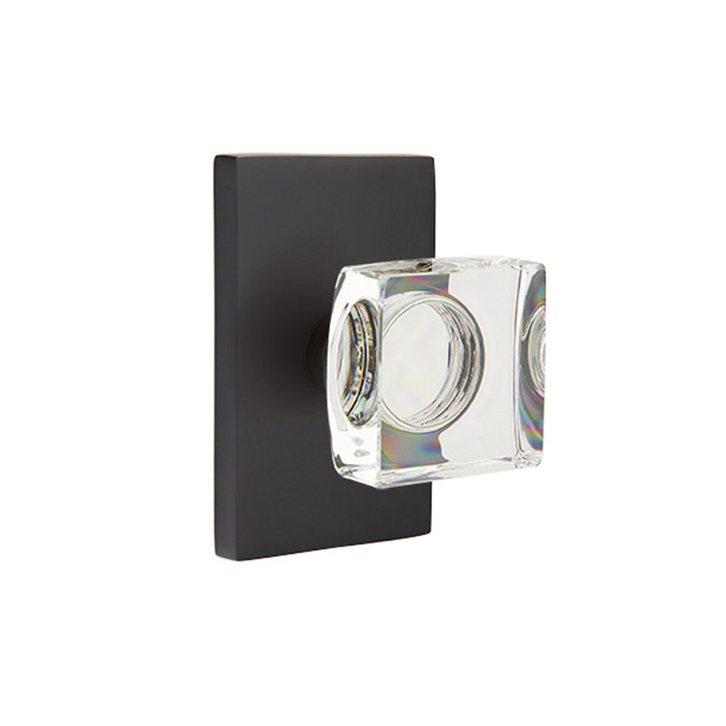 Ensemble de faux boutons Emtek avec rosette rectangulaire moderne et bouton carré en verre moderne, Dos plat