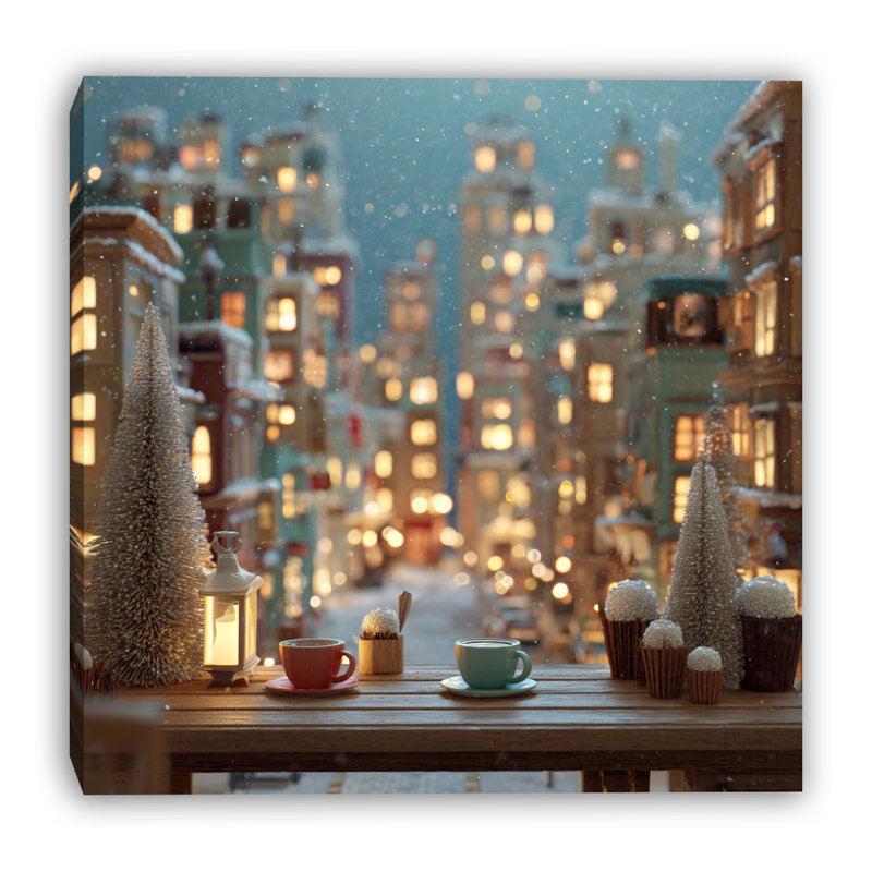 «Winter Coffee City View», art mural sur toile tendue, 20 po x 20 po