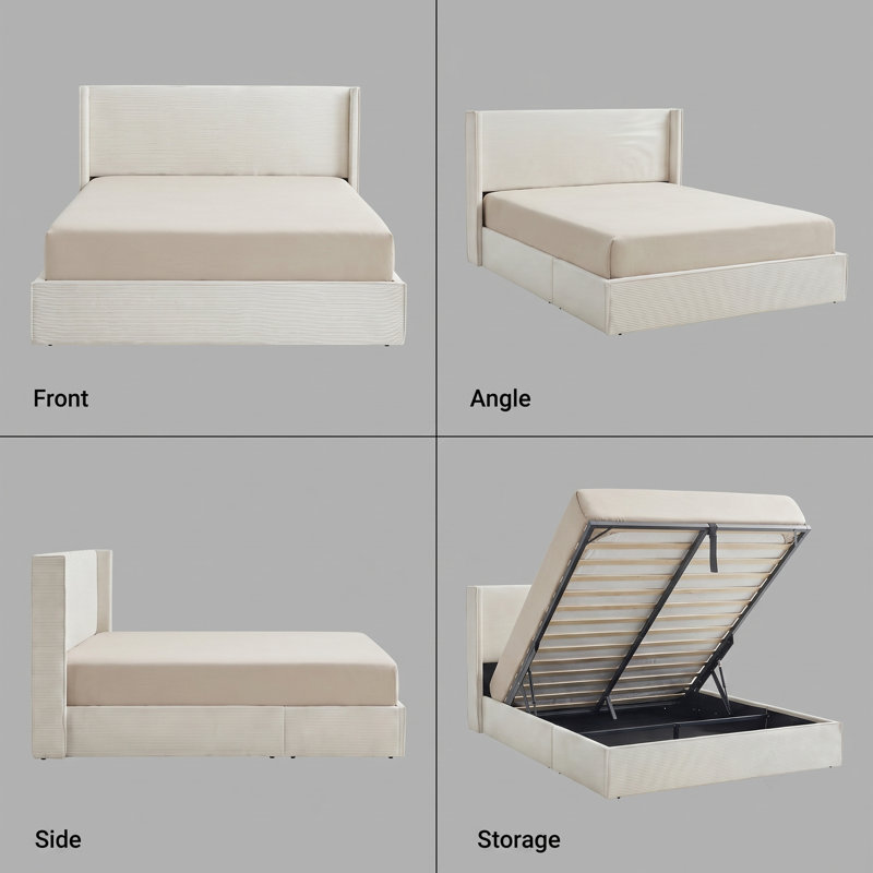 Classic Wingback Upholstered Bed with Lift-Up Storage, Queen, Cream Corduroy, Cream, Queen