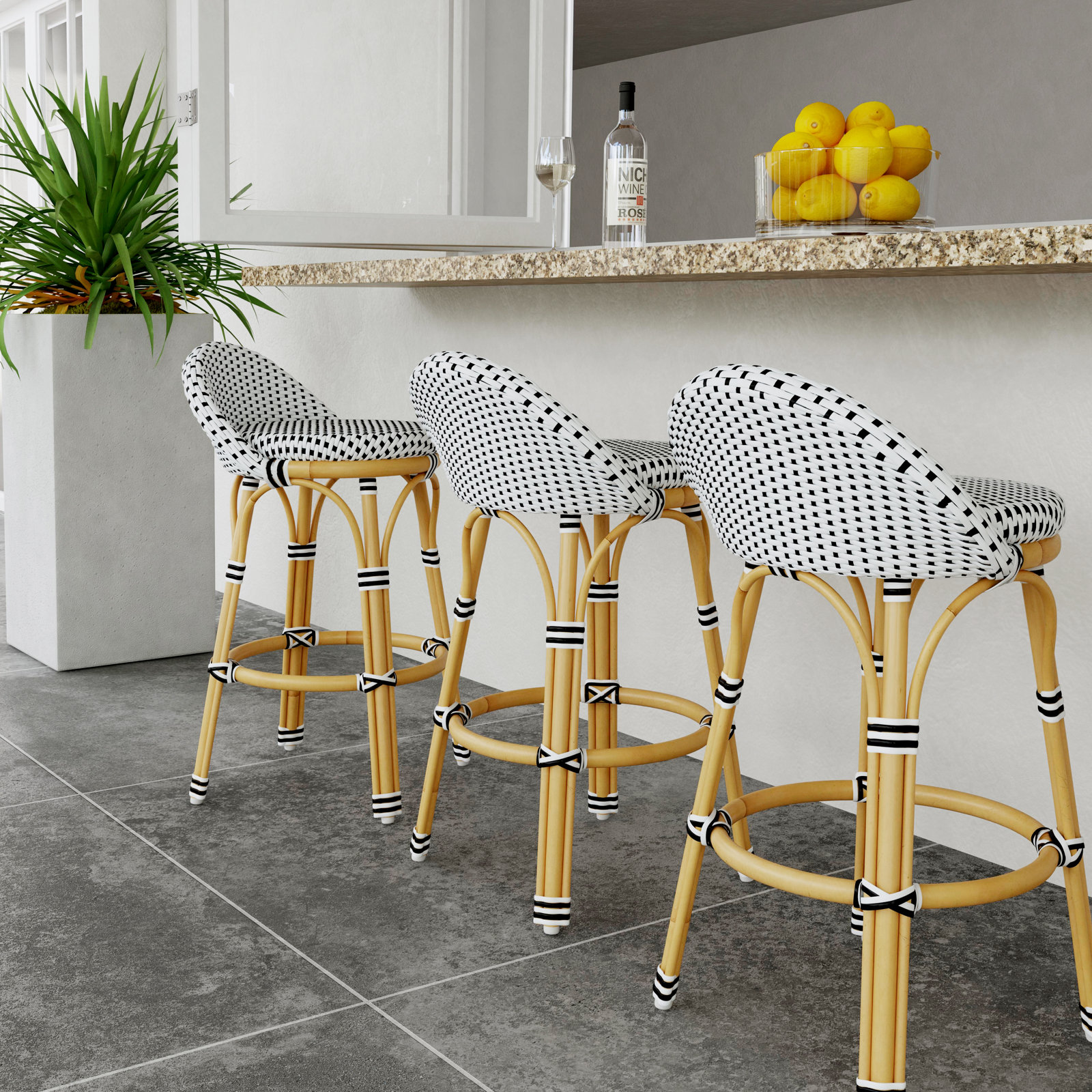 Ellie Woven Patio Bar Stool, Black/White