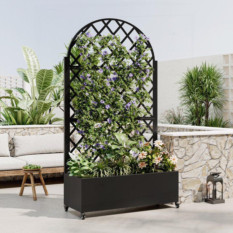 Round Metal Planter Box with Trellis, Raised Garden Bed for Climbing Plants, Vegetables, and Vines, Featuring Drainage Holes, Lockable Wheels, and Privacy Screen