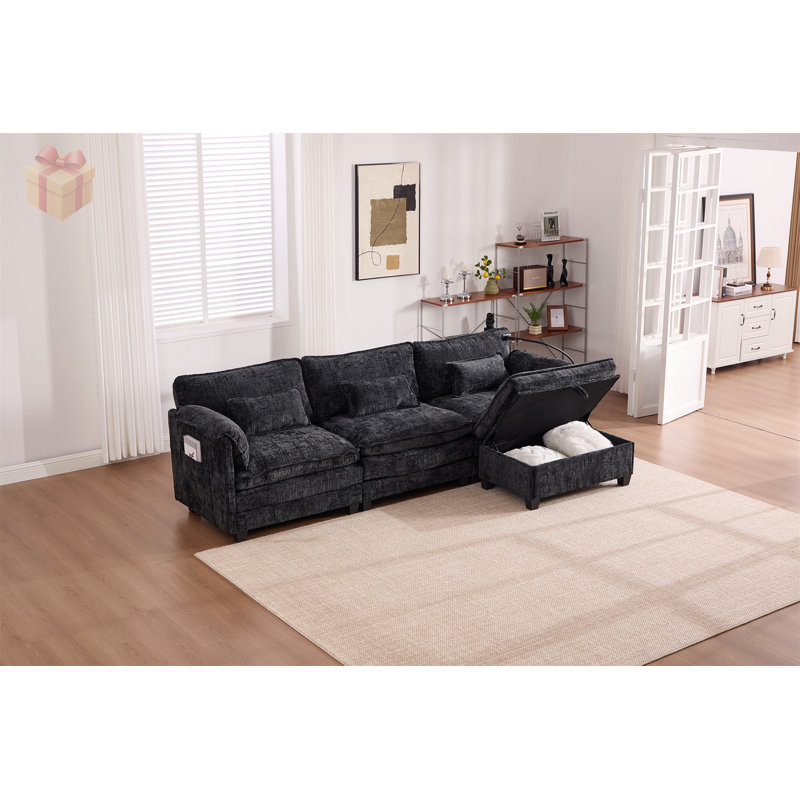 Élégant canapé modulaire en forme de L avec triple support élastique, espaces de rangement et de chargement pour un confort et une commodité modernes