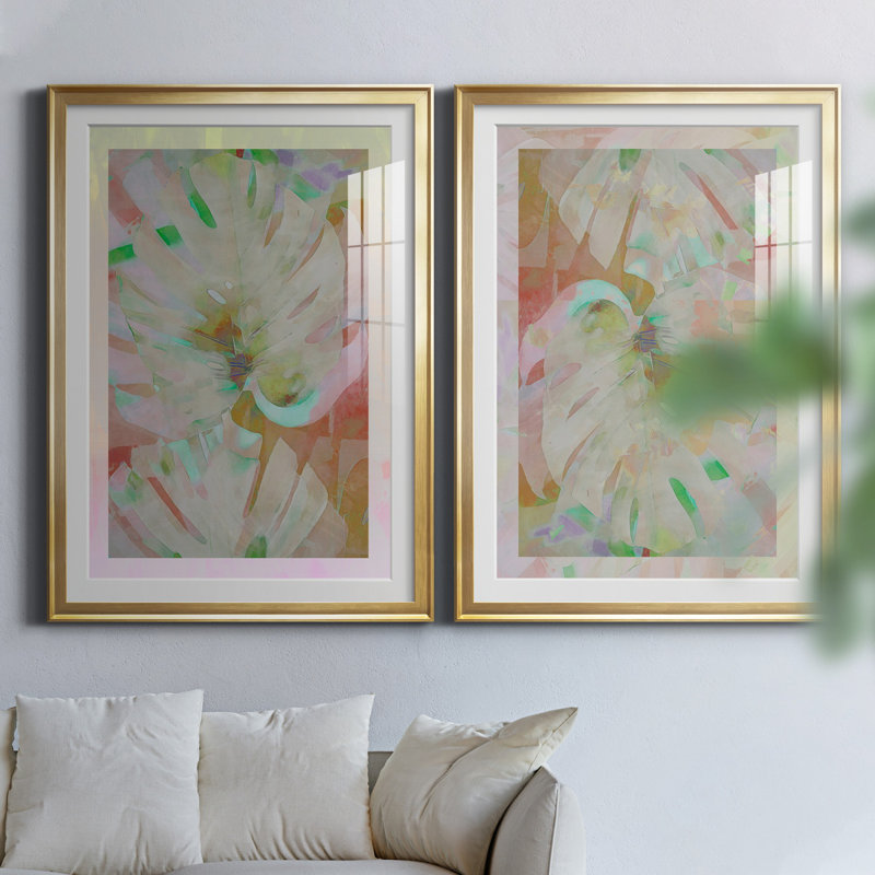 Retro Palms I - ensemble de 2 reproductions d'art, Blanc, H 26,5 po x l 73 po x P 1,5 po, Papier encadré doré