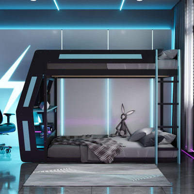 Full-Size Gaming Bunk Bed with Side-Mounted Oversized RGB Desk, USB Charging Ports & Cable Grommet, LED Light Strip, Heavy-Duty Esports Loft Frame – Cool Design