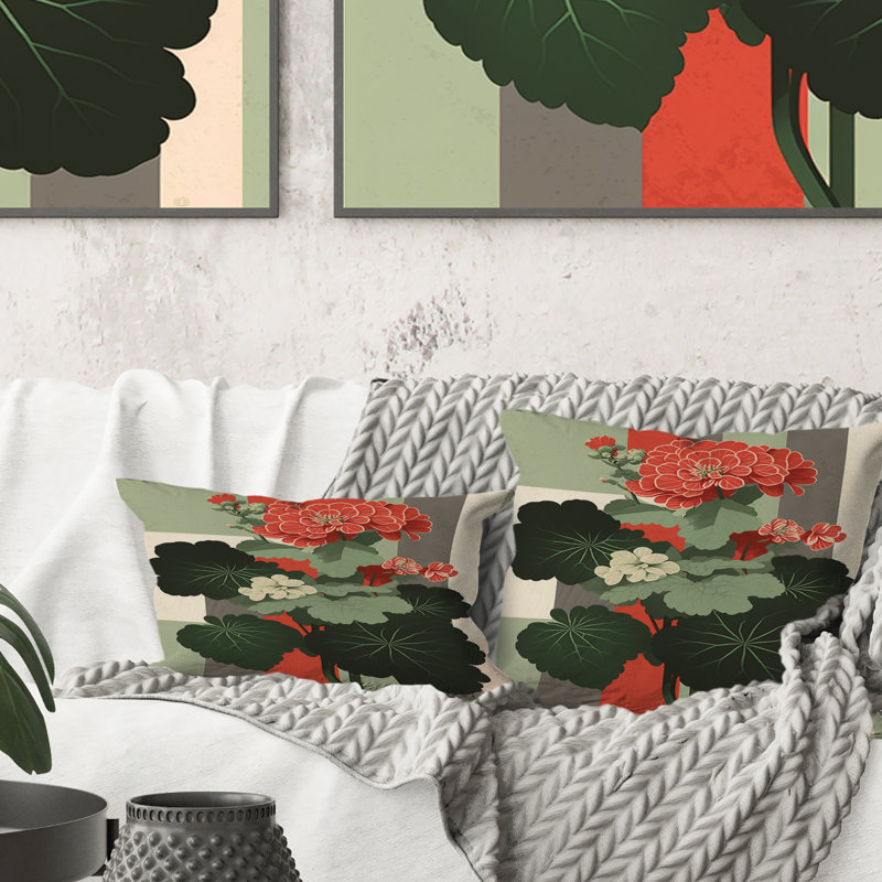 Coussin décoratif rétro en géranium rouge et vert IV