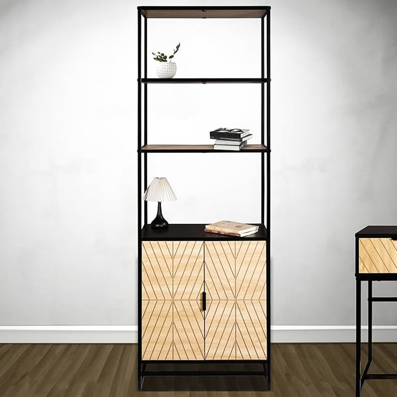 Étagère de 6 livres avec un éclat moderne côtier, bois noir et naturel, rangement pour bureaux à domicile, hauteur de 67 po
