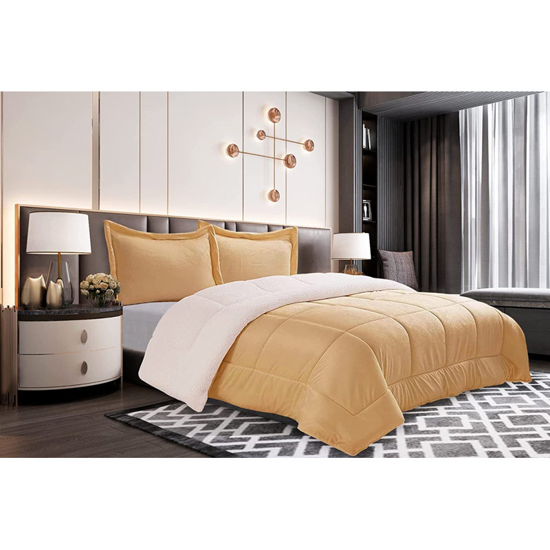 Mocassi Solid Sherpa Geometric Shapes Comforter, Camel, Twin Comforter + 1 Standard Sham