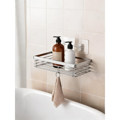Rustproof Stainless Steel Shower Organizer 2 Pack, No Drill Wall Mounted Bathroom Shelf with 5 Hooks for Razor Sponge Kitchen