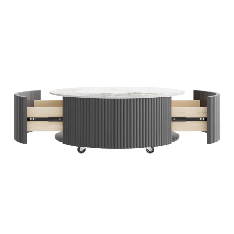 Table basse ronde moderne mobile avec roulettes, 2 tiroirs, plateau en pierre frittée à motif marbré, gris, 29,5 po
