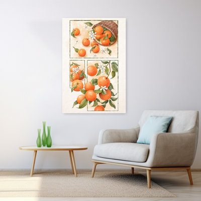 Aquarelle, oranges et fleurs, art abstrait contemporain de paysage de fruits