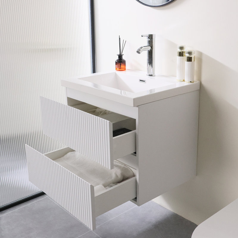 24” Bathroom Floating Vanity Cabinet With Sink And Double Drawers, White