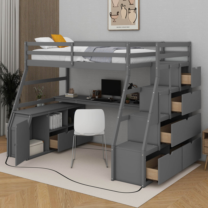 Jeffree Kids Twin Loft Bed with Drawers, Gray